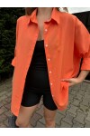 Kadın Turuncu Renk tek cepli %100 keten oversize gömlek