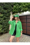 Kadın Yeşil Renk tek cepli %100 keten oversize gömlek