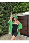 Kadın Yeşil Renk tek cepli %100 keten oversize gömlek