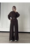Oyhso Kumaş Marka Model Geniş Paça Kemer Detaylı Kahverengi Takım