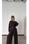 Oyhso Kumaş Marka Model Geniş Paça Kemer Detaylı Kahverengi Takım